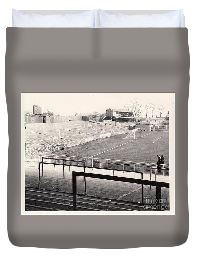  Duvet Cover featuring the photograph Plymouth Argyle - Home Park -Barn Park End 1 - BW - 1960s by Legendary Football Grounds