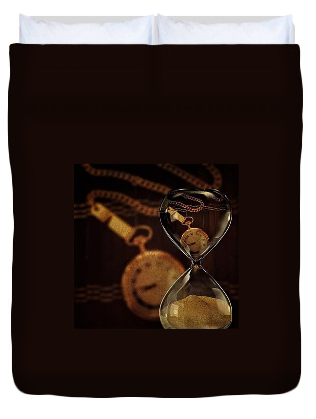 Watch Duvet Cover featuring the photograph Pocket Watch And Sandglass by Susan Candelario