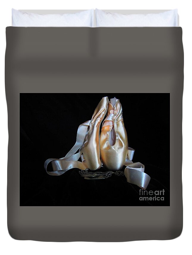 Pointe Shoes Duvet Cover featuring the photograph Pointe shoes and dog tags2 by Laurianna Taylor