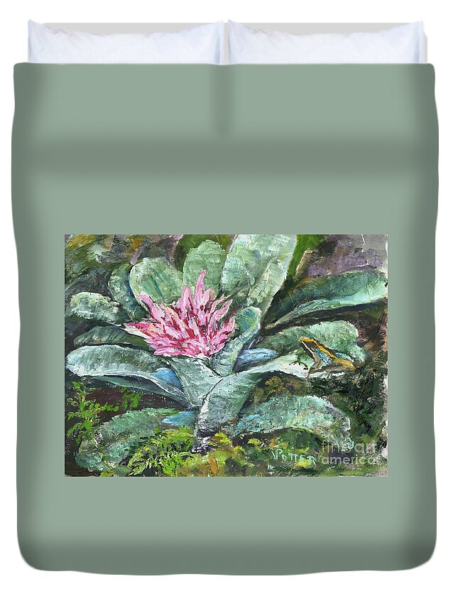 Frog Duvet Cover featuring the painting Poison Dart Frog on Bromeliad by Virginia Potter