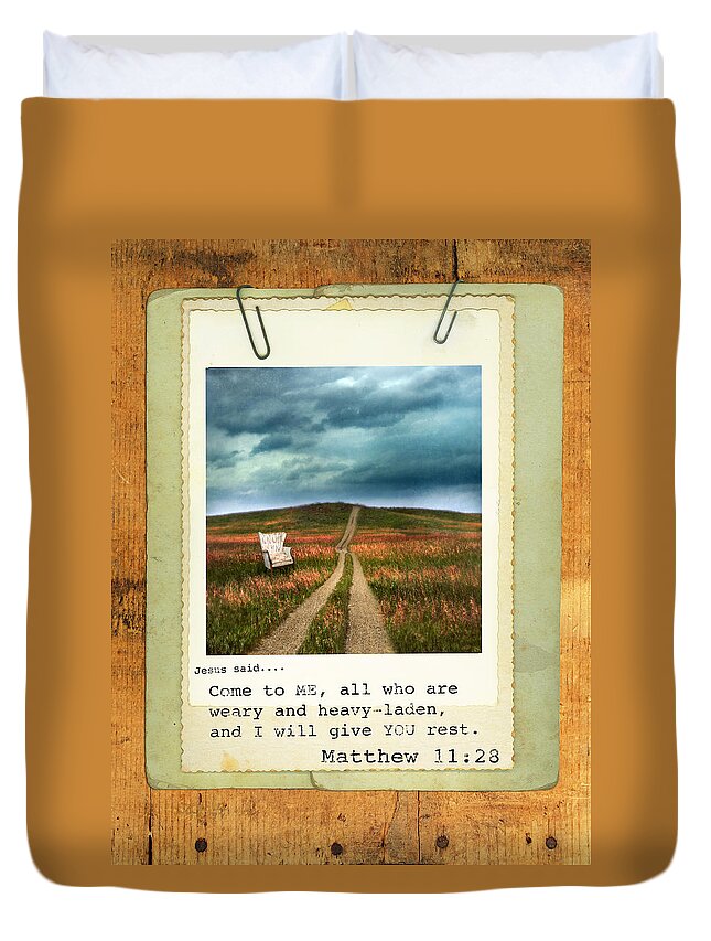Weathered Duvet Cover featuring the photograph Polaroid on Weathered Wood with Bible Verse by Jill Battaglia
