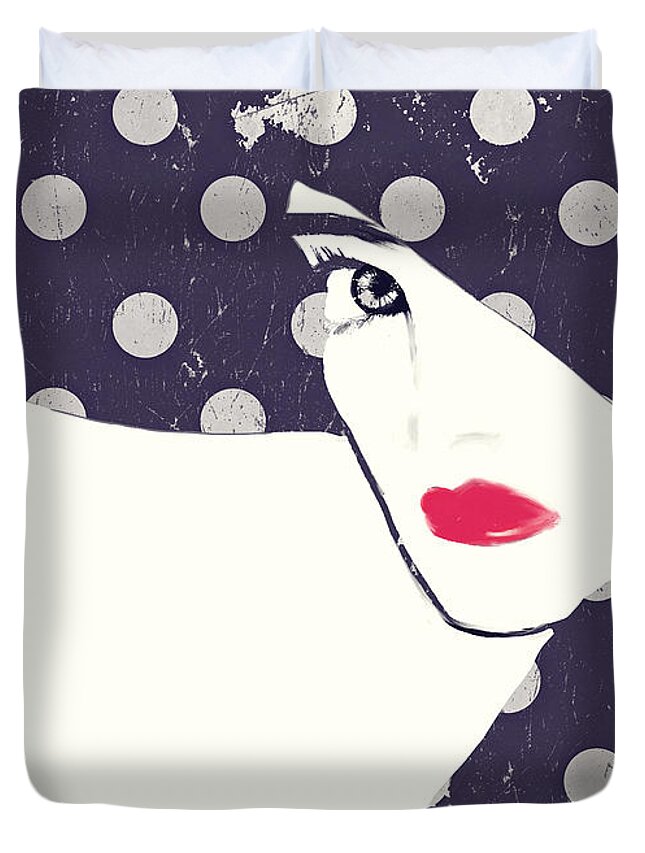 Polka Dots Duvet Cover featuring the painting Polka Dot Fashion Hat by Mindy Sommers
