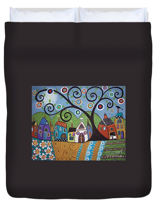 Church Saltboxes Houses Village Town Tree Swirl Tree Painting Acrylic Painting Buy Art Buy Prints Sheep Barn Houses Folk Art Abstract Modern Art Contemporary Painting Original Painting Colorful Art Unique Painting Colorful Houses Blooming Tree Flowering Tree Blackbird Karla G Stripes Swirls Mountains Pillows Prints For Sale Duvet Cover featuring the painting Polkadot Church by Karla Gerard