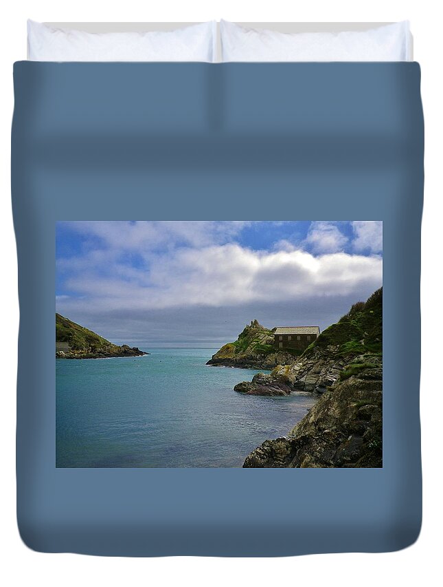 Polperro Duvet Cover featuring the photograph Polperro Harbour Entrance and Chapel Rock Cornwall by Richard Brookes