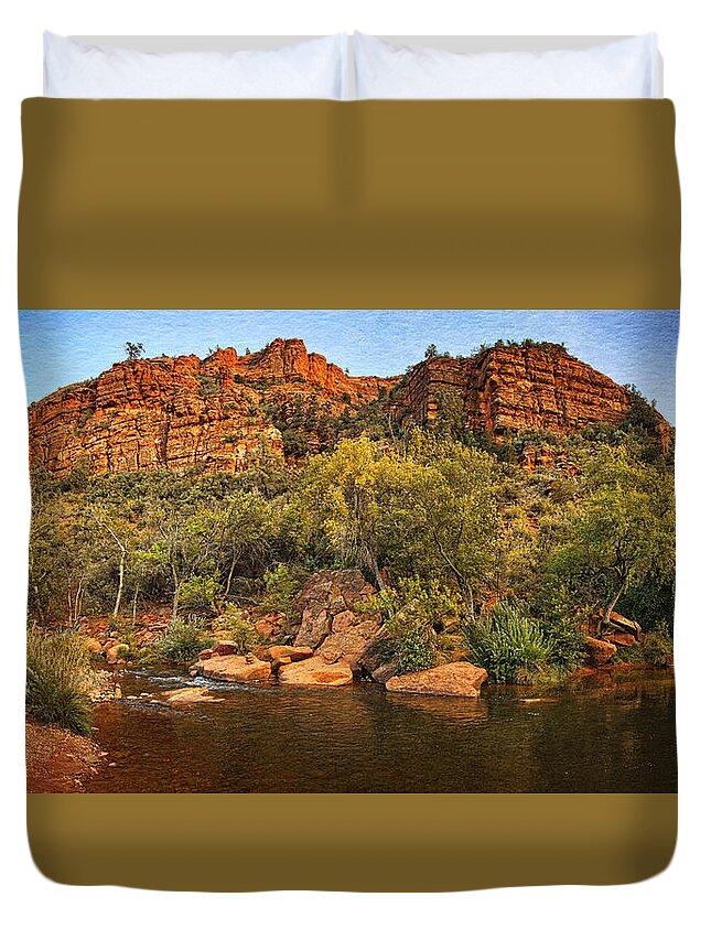 Red Rock Crossing Duvet Cover featuring the photograph Pond at Red Rock Crossing Text by Theo O'Connor
