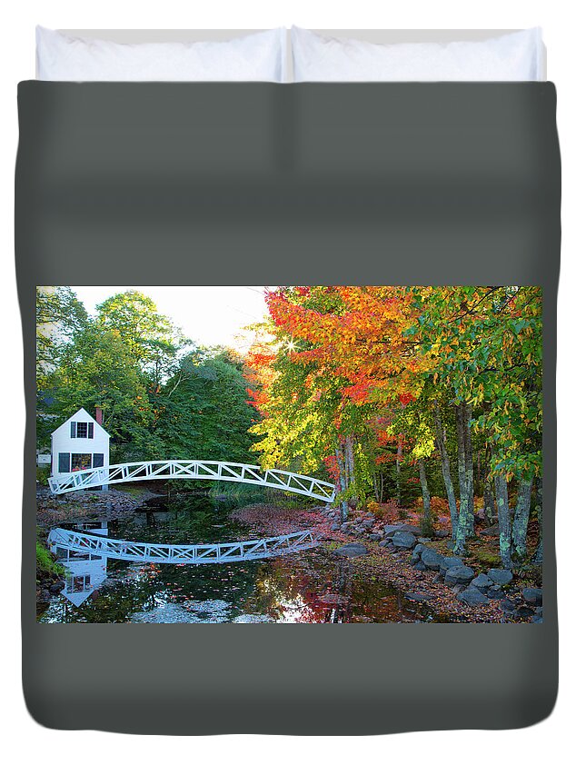 Reflection Duvet Cover featuring the photograph Pond Bridge Reflection by Nancy Dunivin