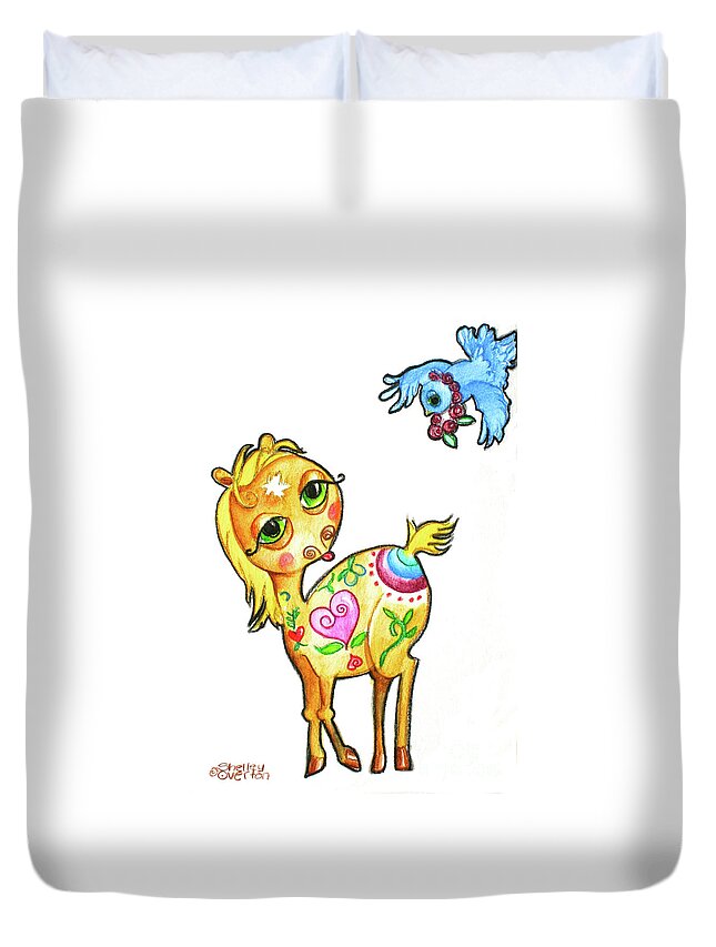 Pony Duvet Cover featuring the mixed media Pony and the Bluebird Watercolor Pencil Art by Shelley Overton