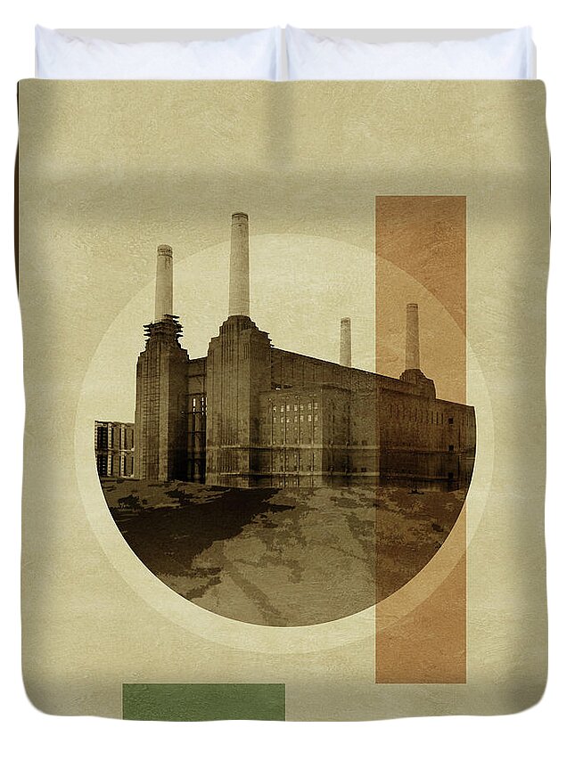 Wheel Duvet Cover featuring the painting Pop Art Deco London - Battersea Power Station by BFA Prints