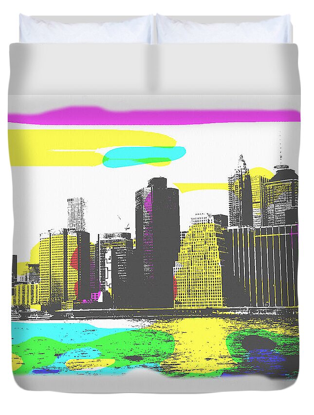Landscape Duvet Cover featuring the mixed media Pop City Skyline by Shelli Fitzpatrick