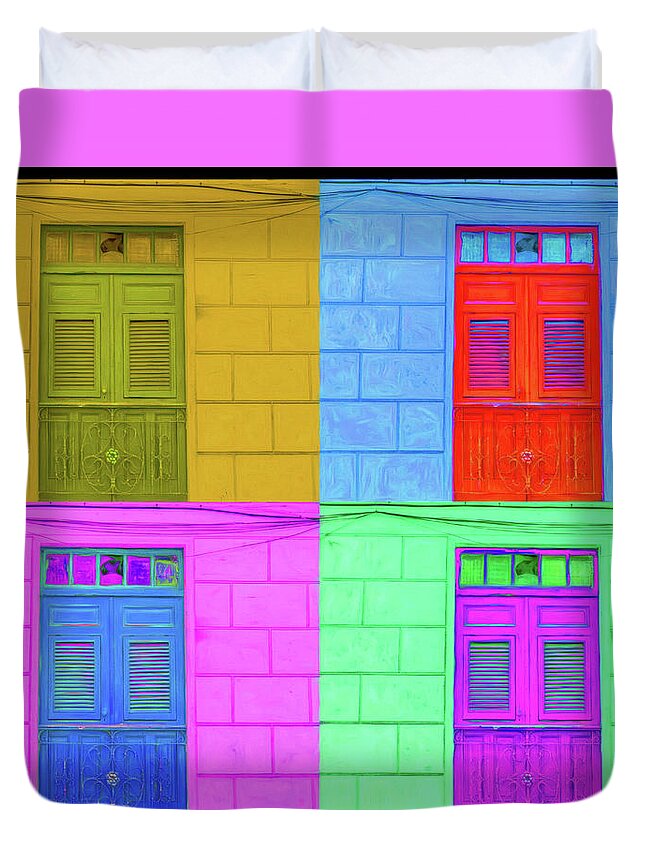 Poppet Duvet Cover featuring the digital art Pop Doors by Kandy Hurley