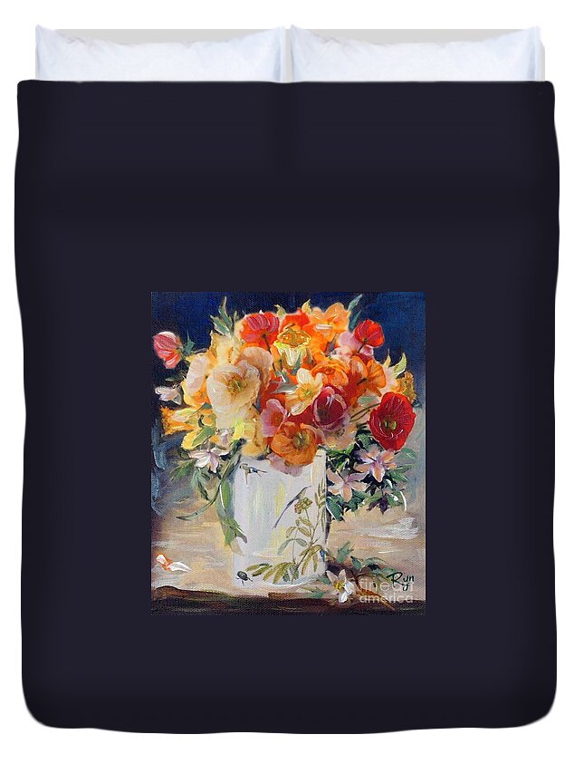 Poppies Duvet Cover featuring the painting Poppies, clematis, and daffodils in porcelain vase. by Ryn Shell