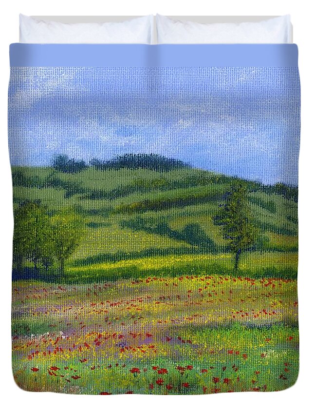 Red Poppies Duvet Cover featuring the pastel Red Poppies in Cribyn Fields by Edward McNaught-Davis