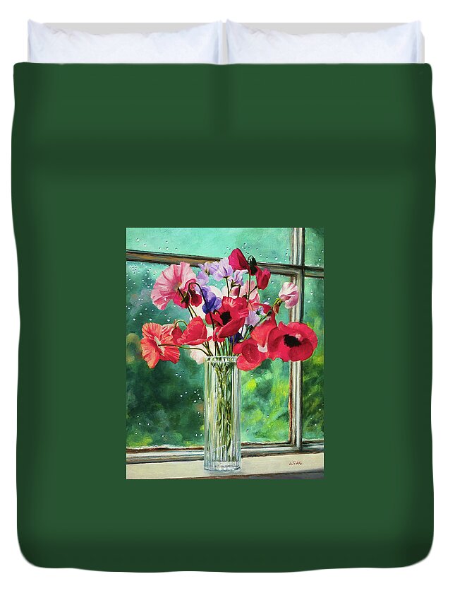 Poppies Duvet Cover featuring the painting Poppies on Windowsill by Marie Witte