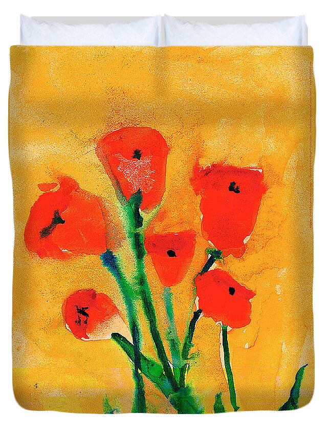 Red Poppies Duvet Cover featuring the painting Poppies by Roxanne Hanson Age Seven