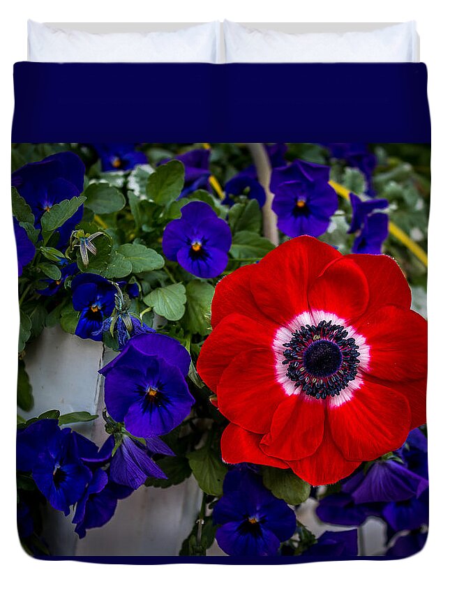 Poppy Duvet Cover featuring the photograph Poppy and Pansies by Susie Weaver