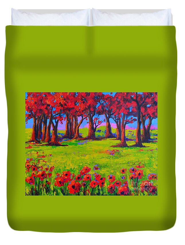 Poppy Flowers Duvet Cover featuring the painting Poppy Field Modern Landscape colorful palette knife work 2 by Patricia Awapara