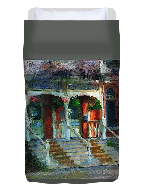 City Duvet Cover featuring the painting Porch in the Morning Light by Jo-Anne Gazo-McKim