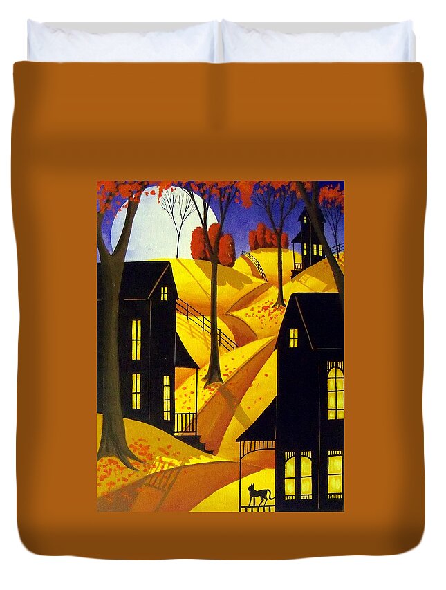 Folk Art Duvet Cover featuring the painting Porch Kitty - folk art landscape cat by Debbie Criswell