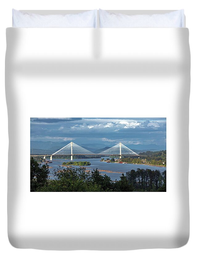 Alex Lyubar Duvet Cover featuring the photograph Port Mann Bridge across the Fraser River by Alex Lyubar