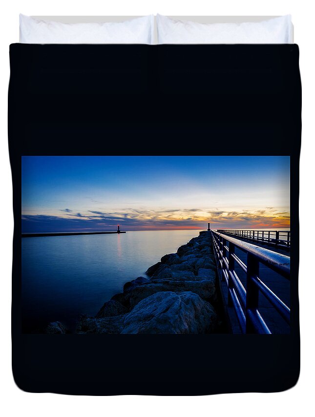 Sunrise Duvet Cover featuring the photograph Portage Lake Pier by Pelo Blanco Photo