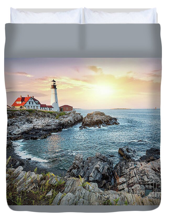 Portland Duvet Cover featuring the photograph Portland Head Light at dusk by Jane Rix