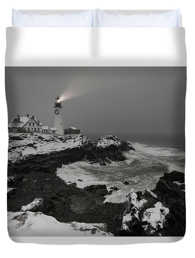 Maine Duvet Cover featuring the photograph Portland Head Light Beacon by Colin Chase
