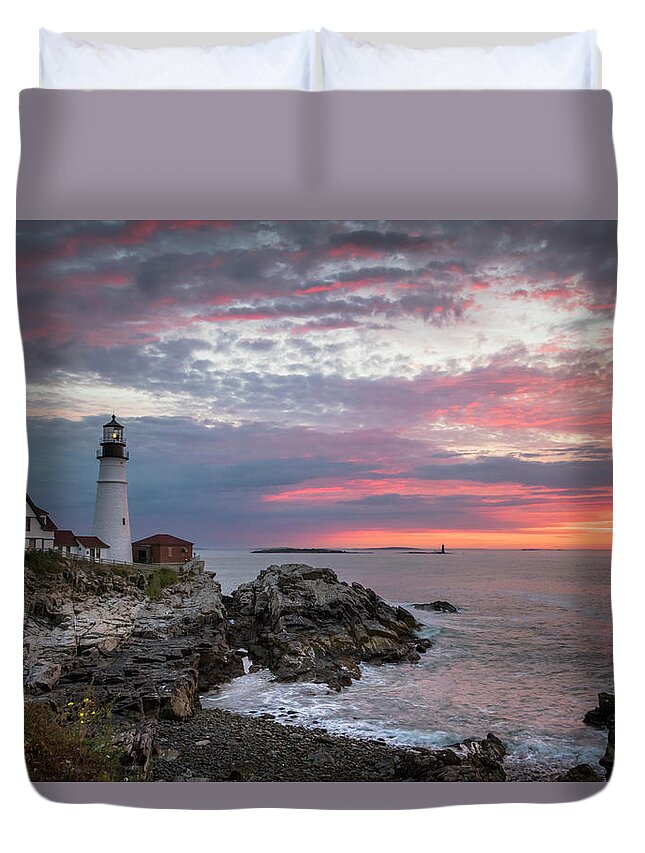 Maine Duvet Cover featuring the photograph Portland Head Light Sunrise by Colin Chase