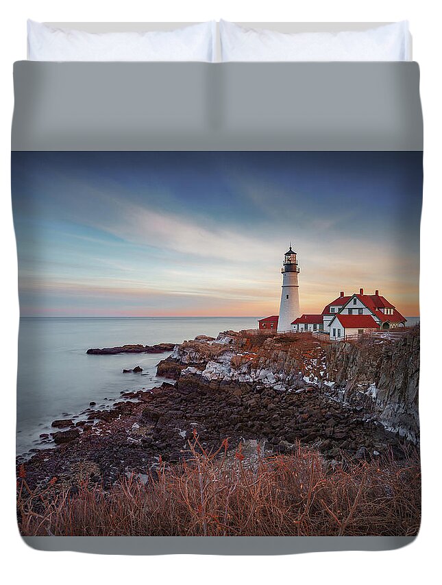 Portland Maine Lighthouse Cape Ocean Atlantic Casco Bay Duvet Cover featuring the photograph Portland Headlight by David Hufstader