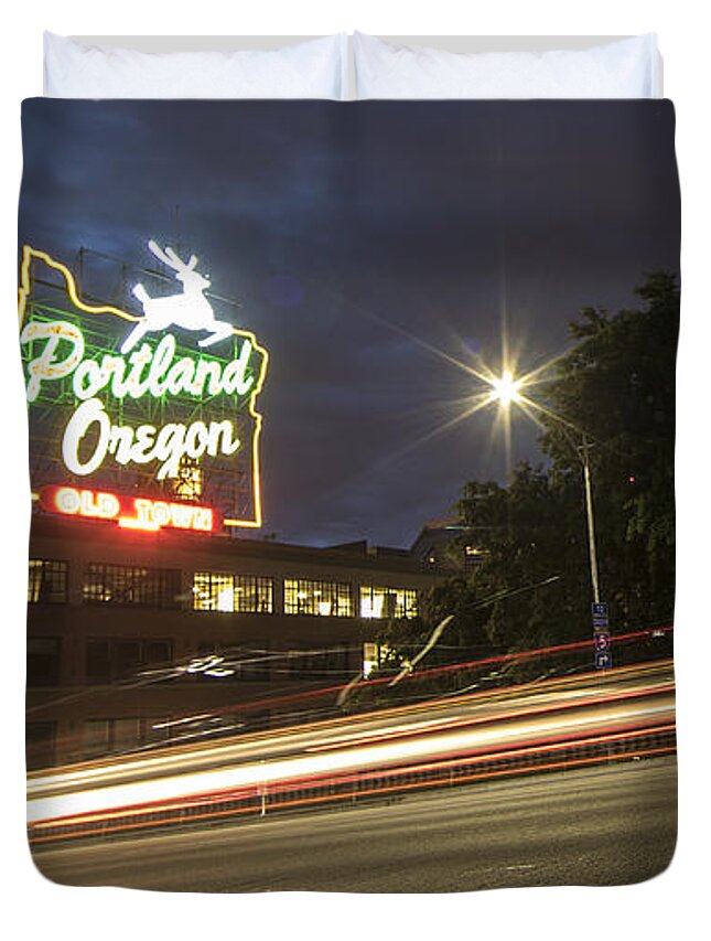Portand Duvet Cover featuring the photograph Portland Old Town Oregon Traffic by Matt McDonald