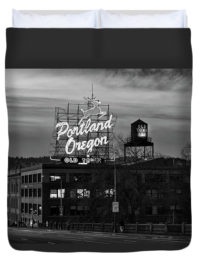 Oregon Duvet Cover featuring the photograph Portland Signs by Steven Clark