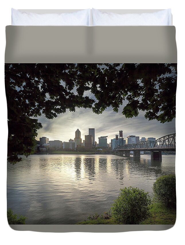 Portland Duvet Cover featuring the photograph Portland Skyline Under the Trees at Sunset by David Gn
