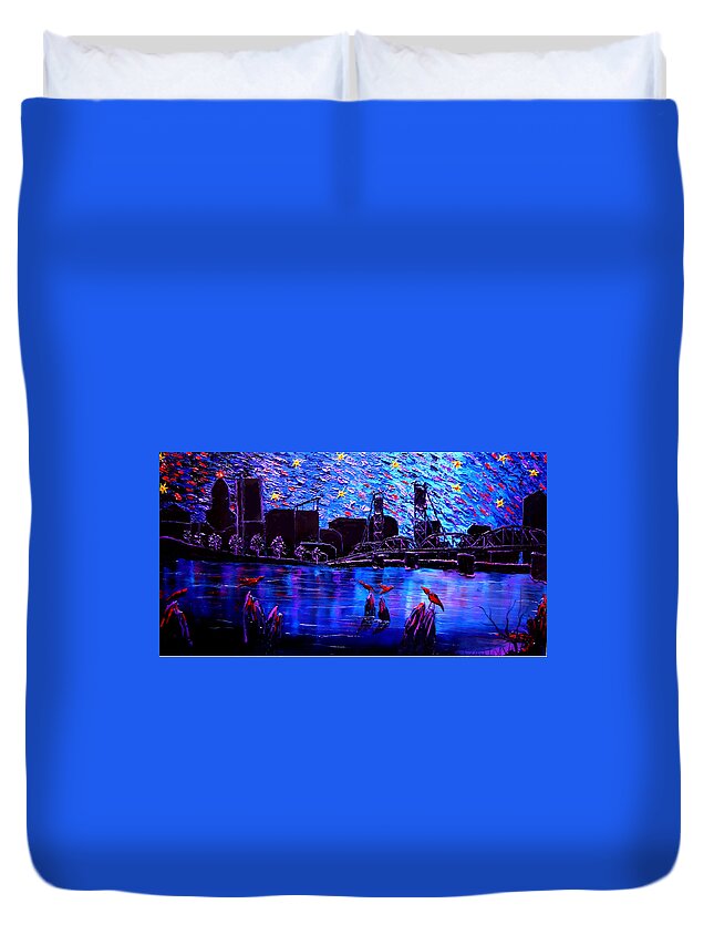  Duvet Cover featuring the painting Portland Starry Night #3 by James Dunbar