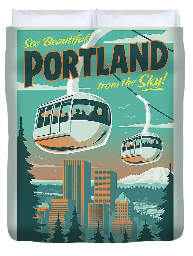 Vintage Duvet Cover featuring the digital art Portland Poster - Tram Retro Travel by Jim Zahniser