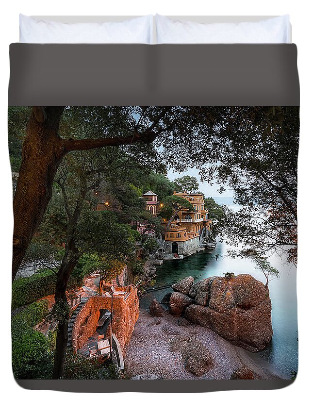Portofino Duvet Cover featuring the photograph PORTOFINO BAY BEACH - Spieggetta nella Baia di Portofino by Enrico Pelos