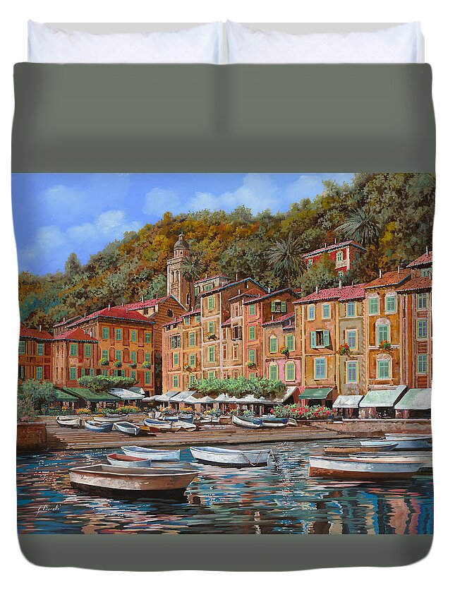 Portofino Duvet Cover featuring the painting Portofino-La Piazzetta e le barche by Guido Borelli