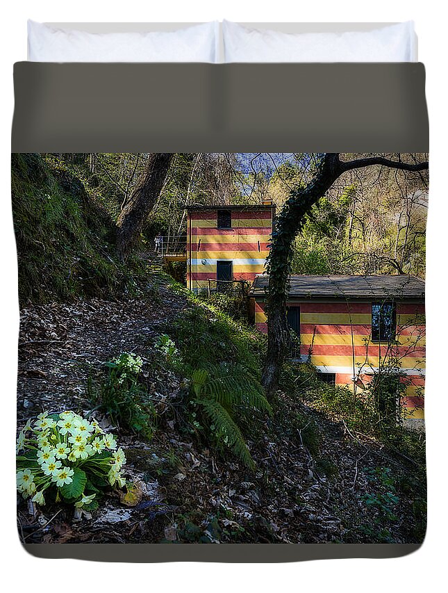 Portofino Duvet Cover featuring the photograph Portofino Mills Valley Walk With Flowers by Enrico Pelos