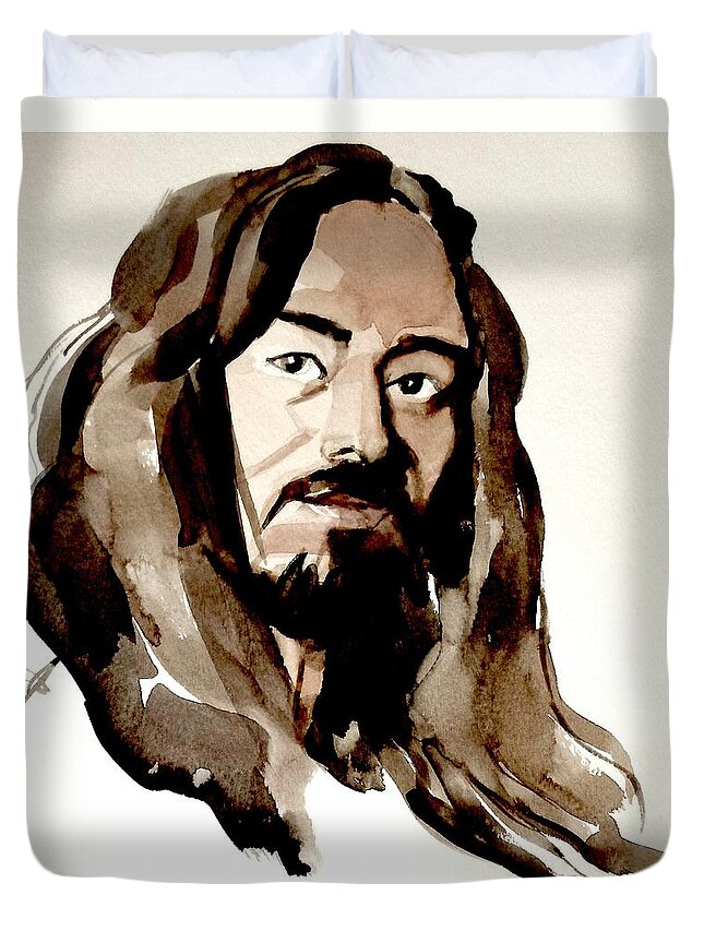 Portrait Duvet Cover featuring the painting Watercolor Portrait of a Man with Long Hair by Greta Corens