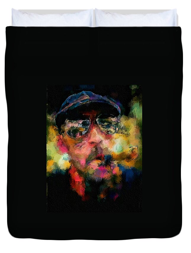 Harley Davidson Duvet Cover featuring the painting Portrait of a man in sunglass smoking a cigar in the sunshine wearing a hat and riding a motorcycle in pink green yellow black blue oil paint with raking light to pick up paint texture by MendyZ
