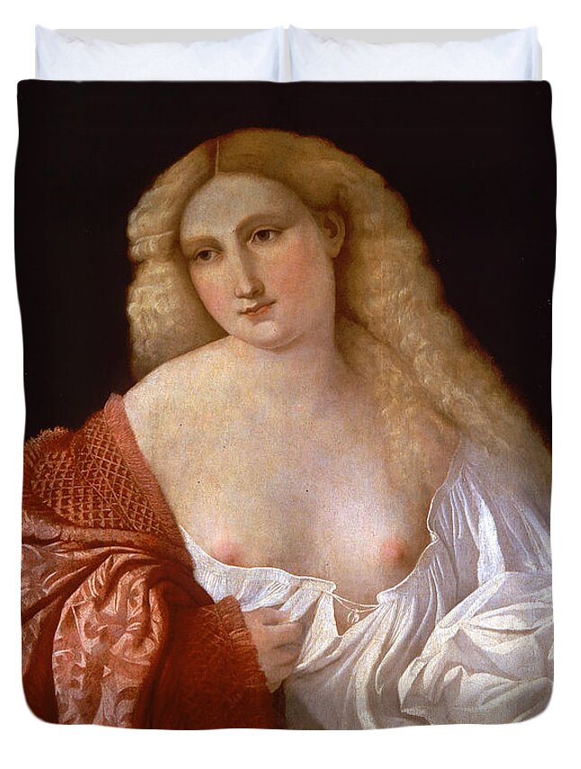 Palma Vecchio Duvet Cover featuring the painting Portrait of a Woman know as Portrait of a Courtsesan by Palma Vecchio