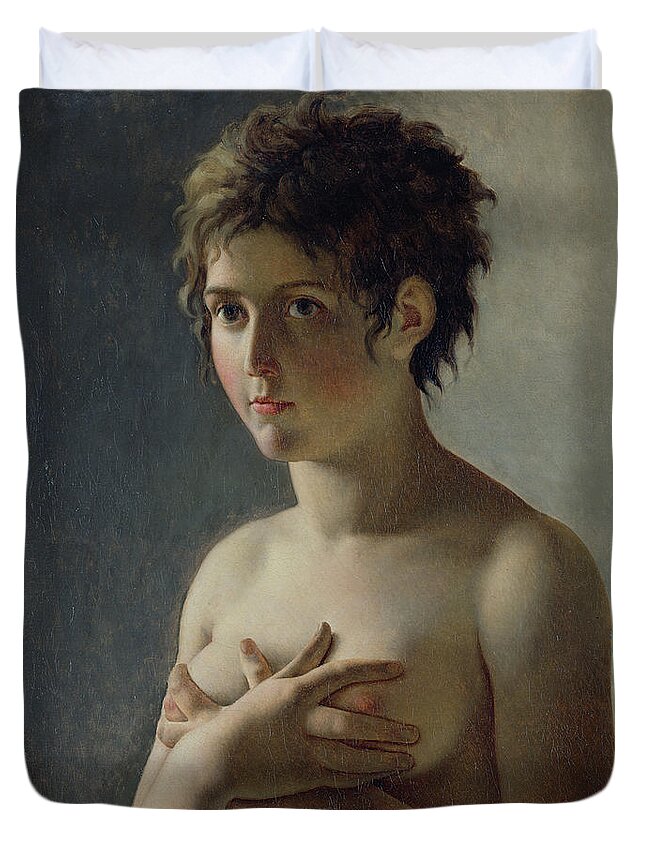Bust; Breasts; Female; Semi-nude; Short Hair; Nude; Jeune Fille En Buste; Sensuality; Mystery Duvet Cover featuring the painting Portrait of a Young Girl by Baron Pierre Narcisse Guerin