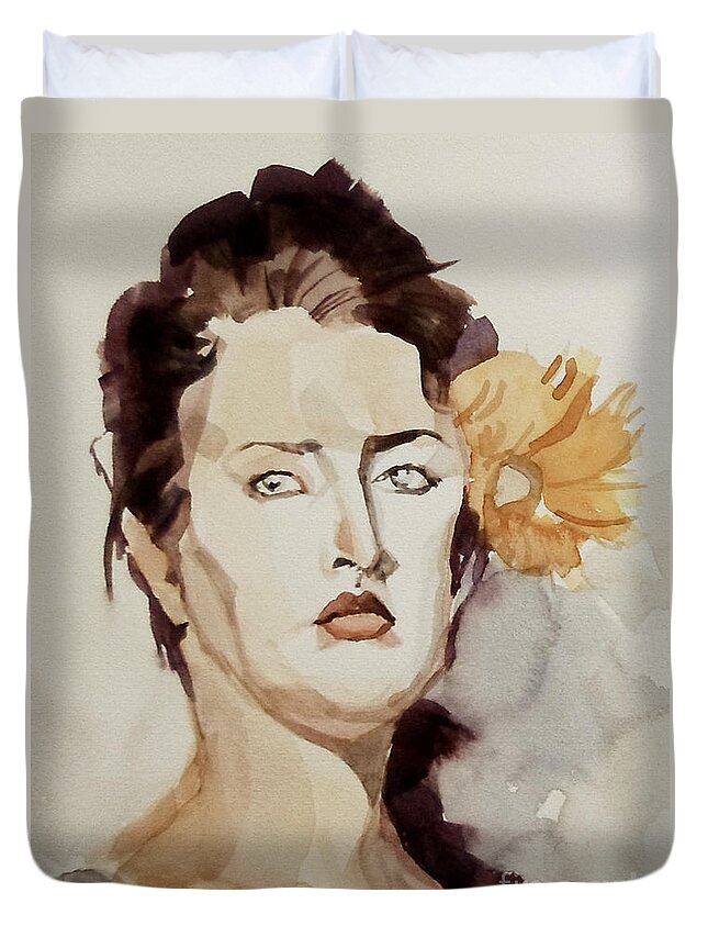 Portrait Duvet Cover featuring the painting Portrait of a Young Woman with Flower by Greta Corens