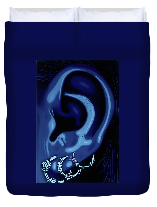  Duvet Cover featuring the painting Portrait of my Ear in Blue by Paxton Mobley