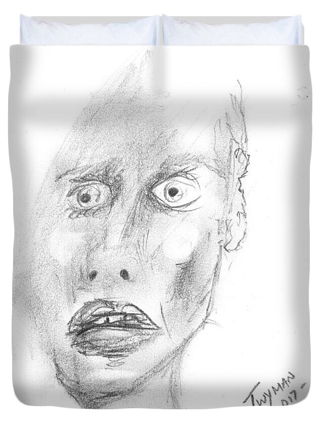 Portrait Duvet Cover featuring the drawing Portrait with Mechanical Pencil by Dan Twyman
