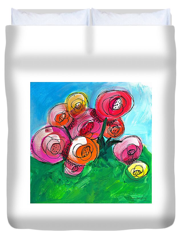 Modern Duvet Cover featuring the mixed media Posies by Tonya Doughty