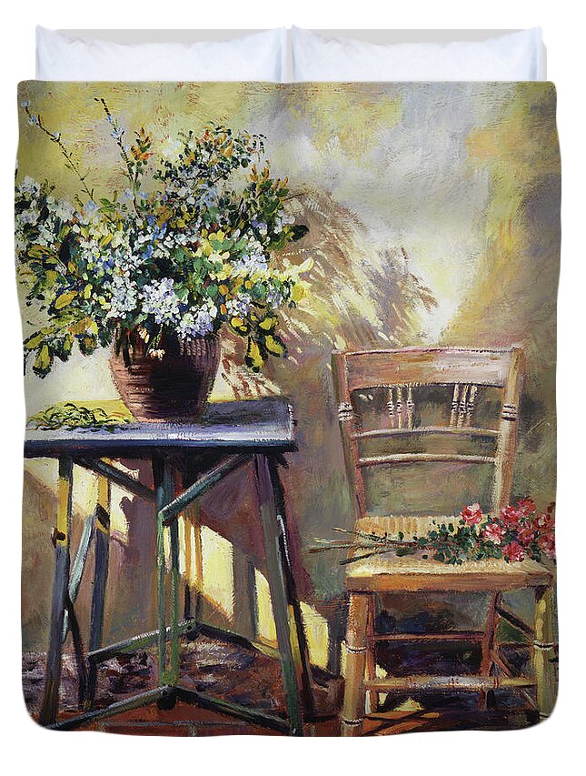 Still Life Duvet Cover featuring the painting Pottery Maker's Table by David Lloyd Glover