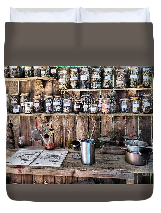 Mason Jars Bench Herbs Vintage Old Artistic Shelves Rustic Duvet Cover featuring the photograph Potting Shed by Mick Flynn