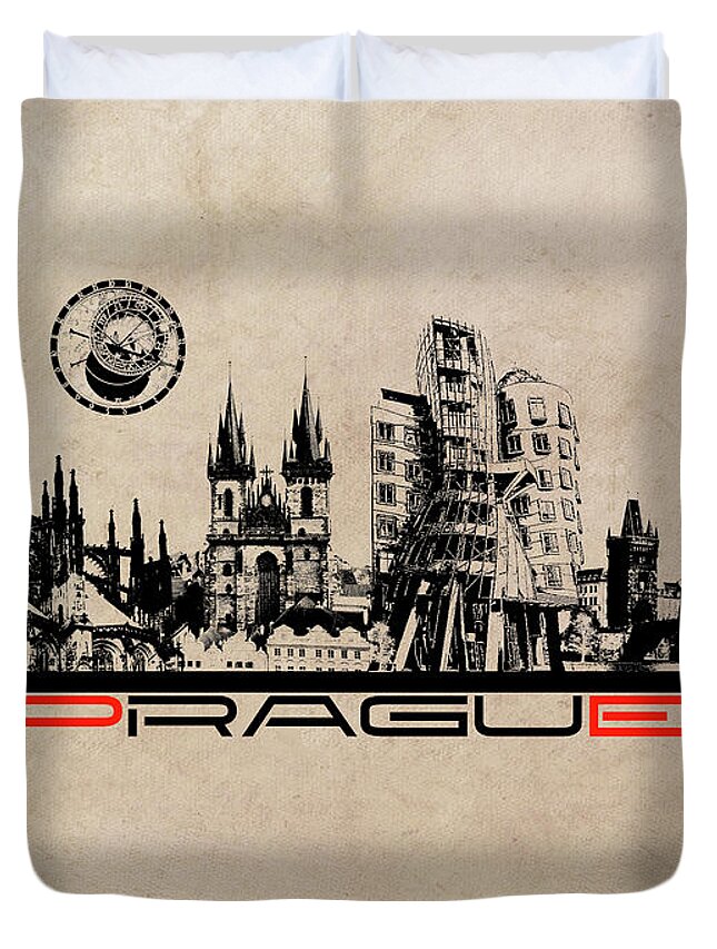 Prague Duvet Cover featuring the digital art Prague skyline city by Justyna Jaszke JBJart