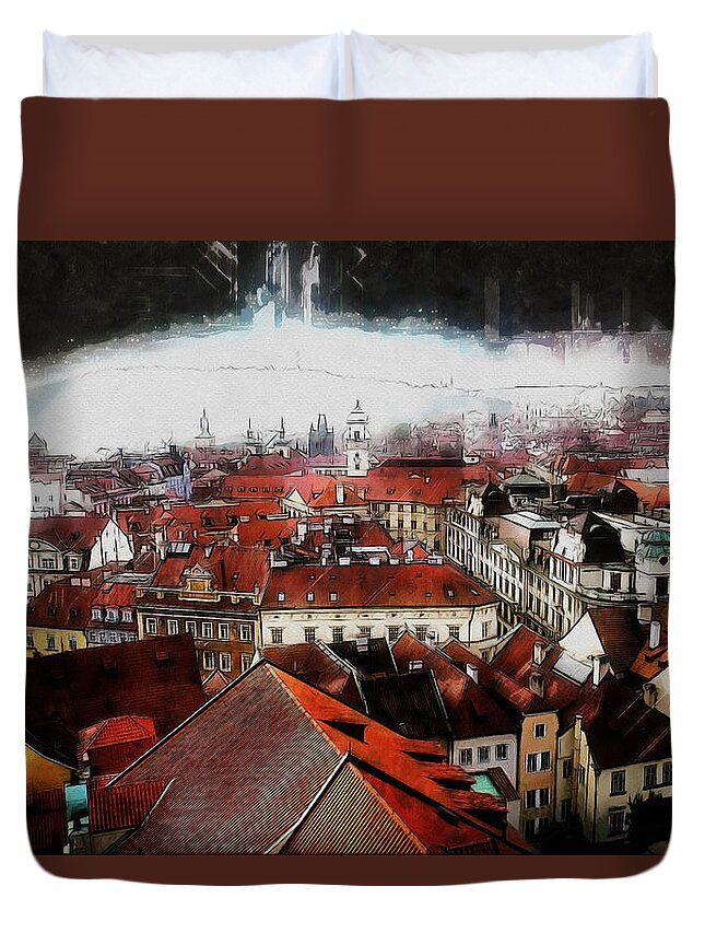 City Duvet Cover featuring the painting Prague Skyline by Kai Saarto