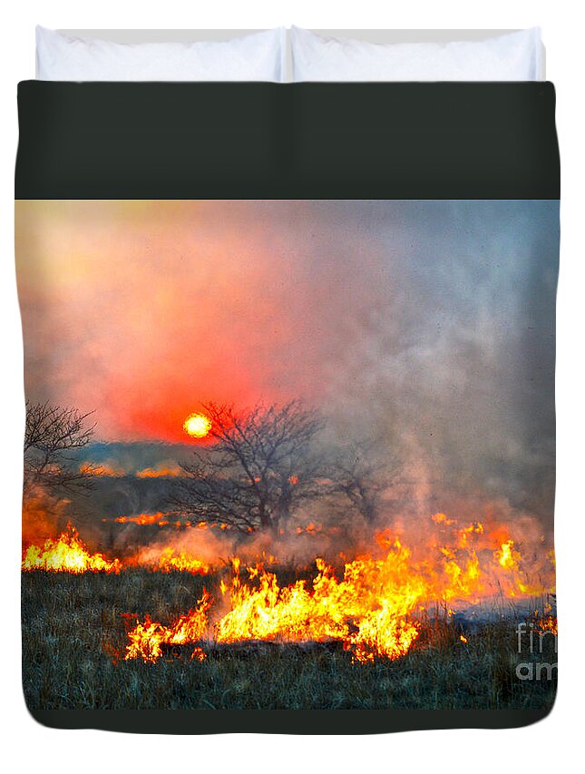 Flint Hills Duvet Cover featuring the photograph Prairie Burn Sunset in Kansas by Catherine Sherman