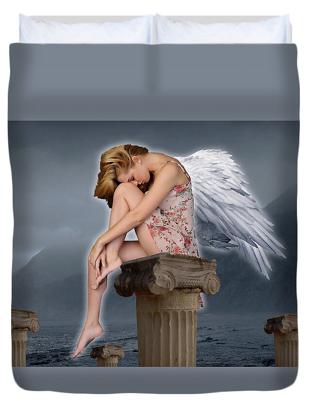 Angel Duvet Cover featuring the mixed media She Came From Heaven by Marvin Blaine